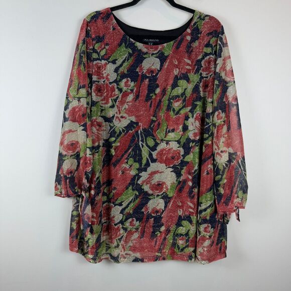 Susan Graver Occasions Top Women 1X Multicolor Foil Printed Tie Sleeves Glam NWT - Picture 2 of 10